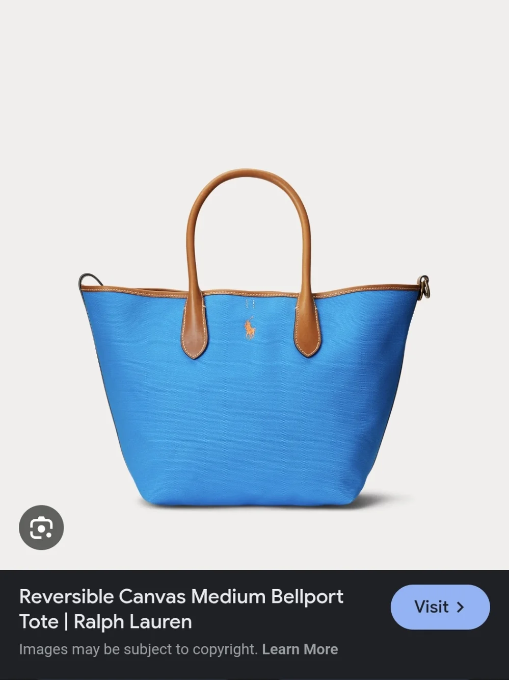 Ralph Lauren Bellport Reversible Turquoise Canvas Tote with Tan Leather Trim - Picture 2 of 6